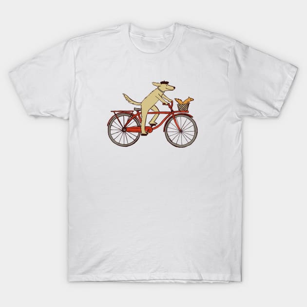 Cycling Dog with Squirrel Friend | Whimsical Animal Art T-Shirt by Coffee Squirrel